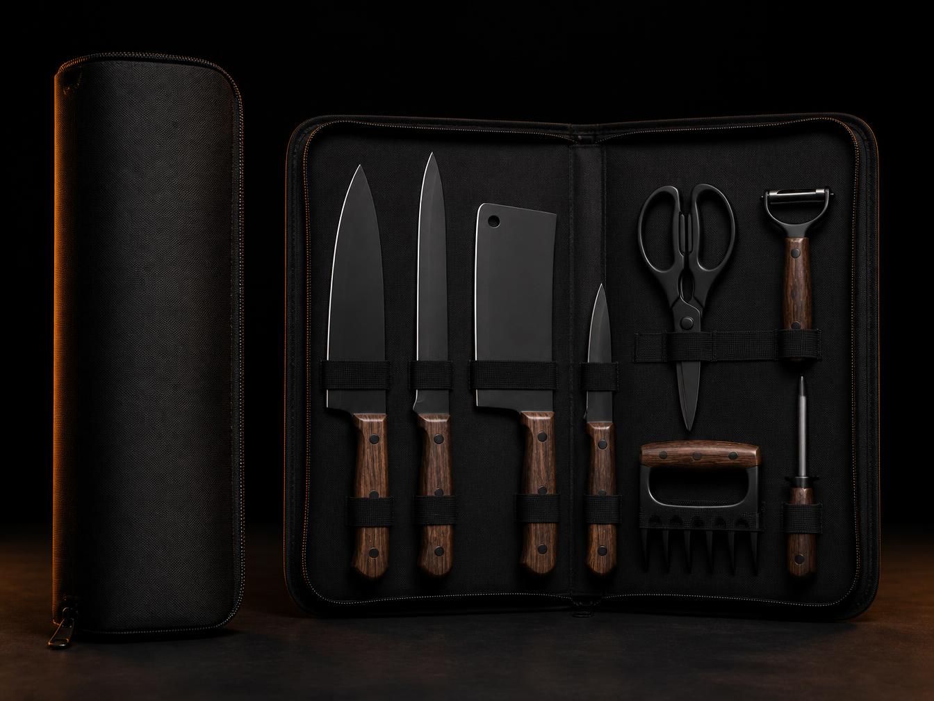 Estojo do kit churrasco aberto com as peças organizadas nos encaixes
